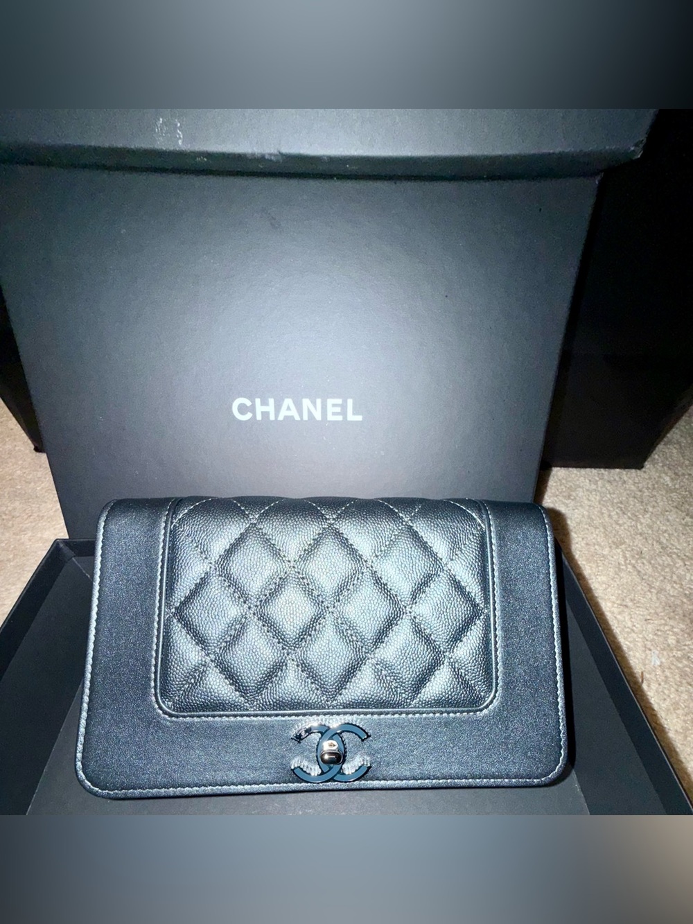 CHANEL Charcoal Quilted Leather Mini Bag with CC Turn-Lock and Adjustable Strap